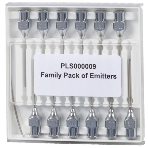 5. Emitters A variety of emitters are available ranging in 16 to 32 gauge we sell a family of emitters 20, 22, 24, 26, 28 and 30 Gauge (2 of each) for ease to the customer.