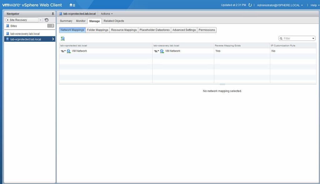 12. On the Manage tab, configure resource mappings for both sites, including network mappings, folder mappings, and placeholder datastores. Figure 3.