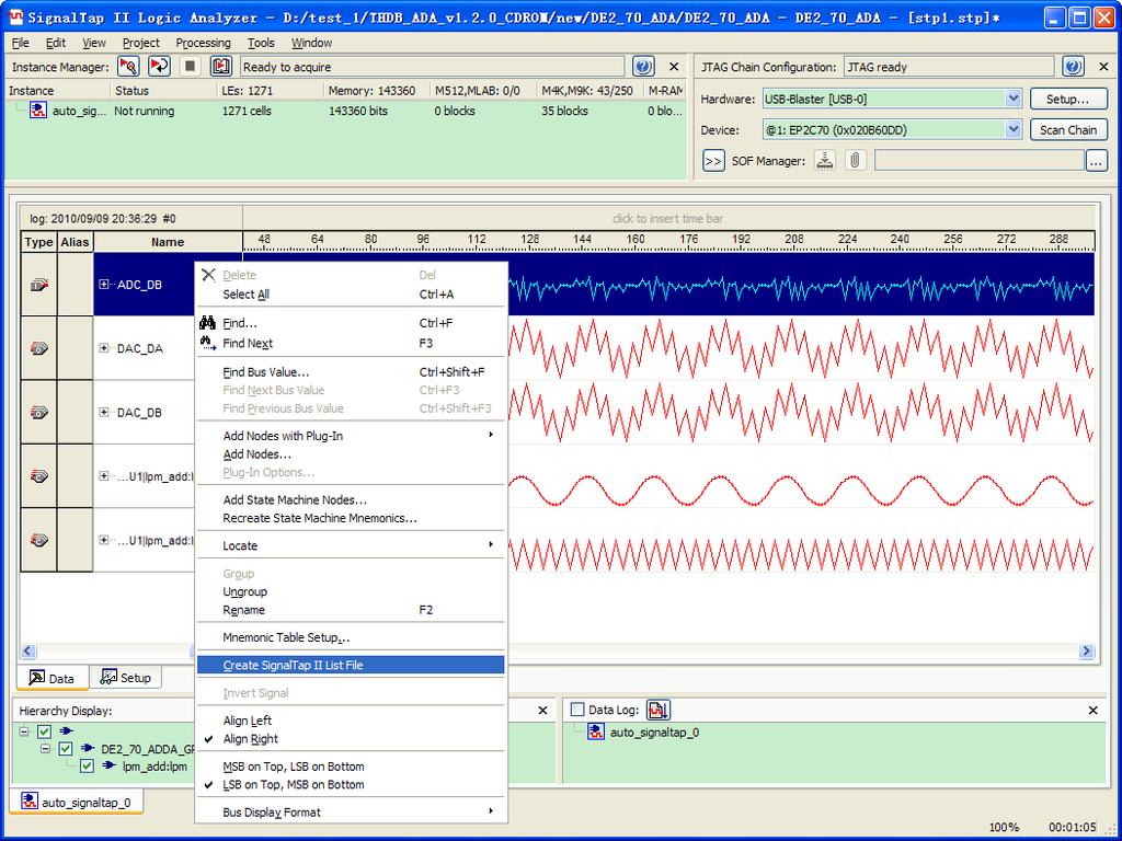 Figure 4-5 Using Quartus 10.0 sp1 SignalTap II to generate the SignalTap II List File nalyzing the Data in the MTL Software 1. Start the MTL software. 2.