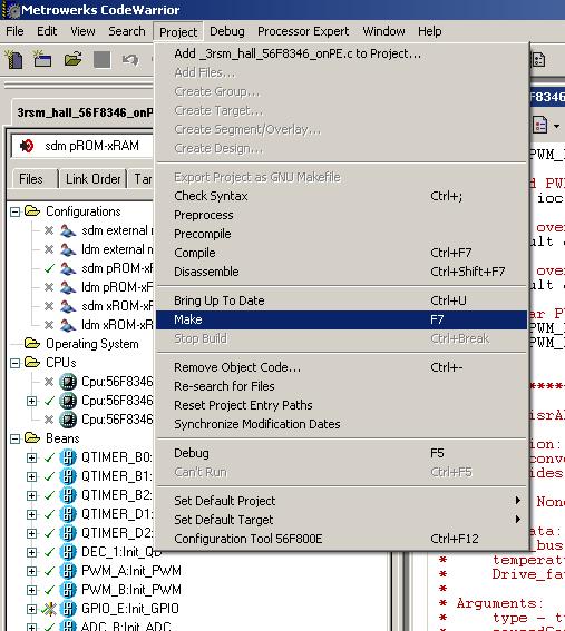Build 3. Build To build this application, open the 3srm_hall_56F83xx_onPE.mcp project file and execute the Make command, as shown in Figure 3-1.