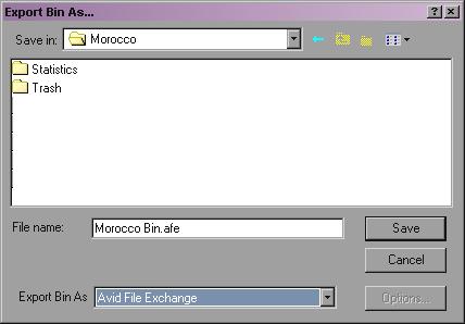 - To create a file that includes the contents of a single bin, open the bin, click the bin, and select File > Export. The Export Bin As dialog box appears. Select Avid File Exchange (*.