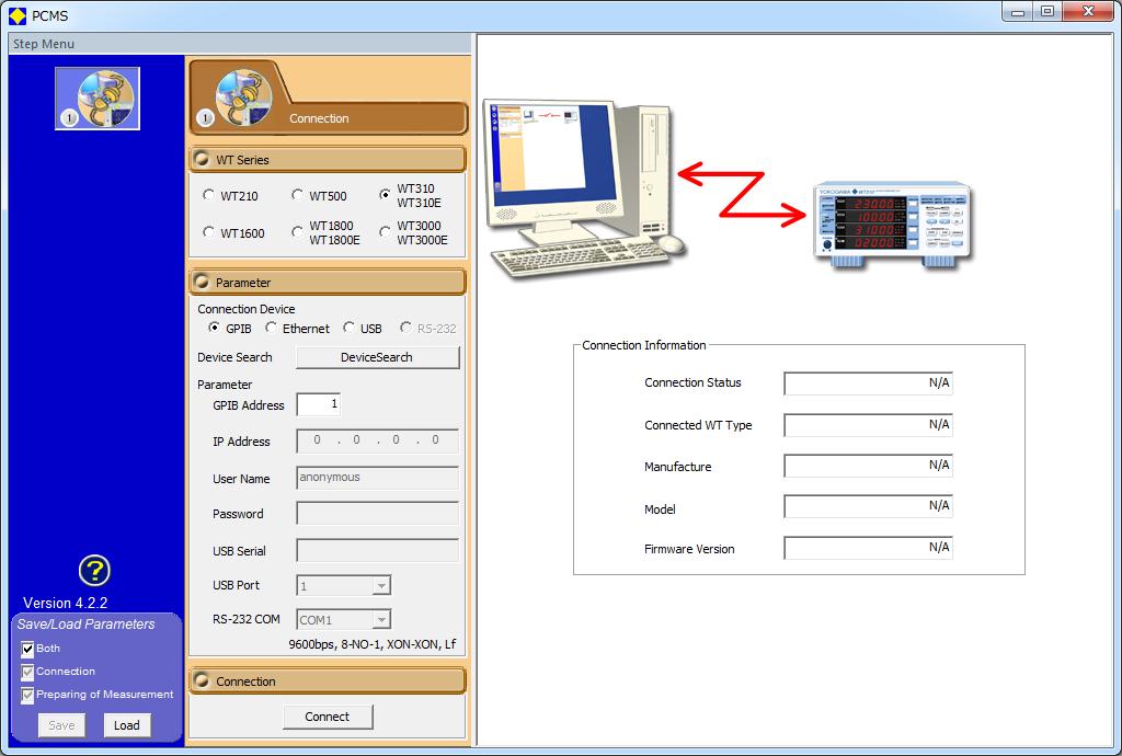 Establishing a Connection Configuring and Establishing a New Connection between the PC and a WT 1 2 3 4 5 7 Software Exit Help 6 1 Click the connection icon. 2 Select the power analyzer to connect.
