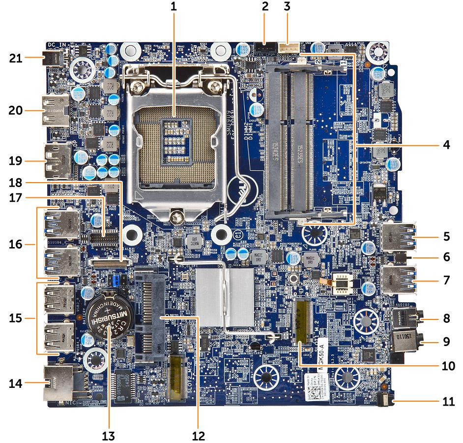 System board layout 1 Processor 2 CPU fan connector 3 Internal speaker connector 4 Memory module connectors 5 USB 3.0 connector 6 Intrusion switch 7 USB 3.