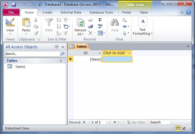Create a blank new database Access creates the database with an empty table named Table1, and then