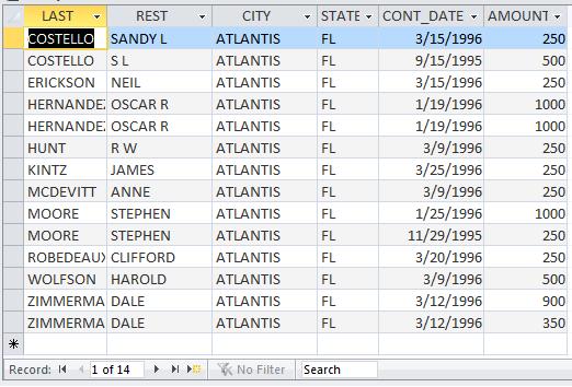 CRITERIA FOR SPECIFIC RECORDS: To get all the donors in this database who live in a place called Atlantis (really), we d type Atlantis in the Criteria line for the CITY field.