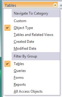 If you click on the drop-down arrow to the right of the Tables label, you will see a list that includes two of the objects of interest to us in this course: Tables and Queries.