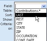 We can move the cursor to LAST in the list of field names, hold the left mouse button down to select LAST, and then continue to hold down the button as we drag that field name to the Field line in