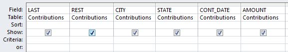 In either of these cases, LAST will appear in the query grid on the Field line, and below it you will also see the name of the Table from which LAST came, Contributions.