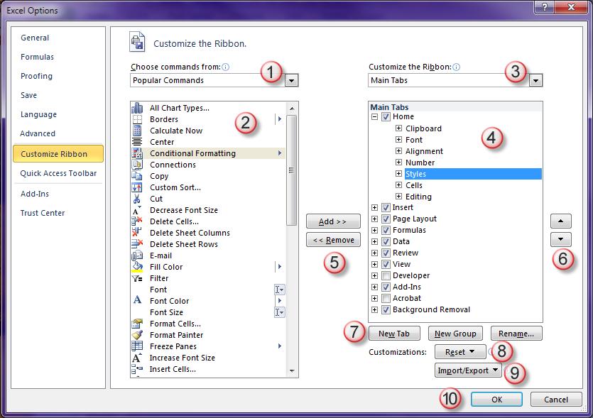 Customize the Ribbon Tool 1. Choose commands from: field. 2. Commands Pane. 3. Customize the Ribbon: Field Displays Popular Commands by default.
