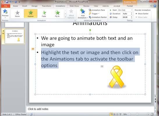 Animation can help make a Microsoft PowerPoint 2010 presentation more dynamic, and help make information more memorable. The most common types of animation effects include entrances and exits.