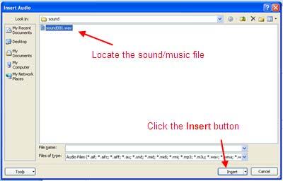 IV. Inserting Sounds Sound or music files can be saved on your computer in many formats that can be used in PowerPoint 2010, such as MP3 or WAV files.
