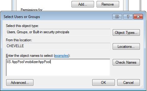 5. From the Permissions dialog box click Add. From the Select Users of Groups dialog box, start typing the name of the ASP.NET application pool that needs access to the certificate.