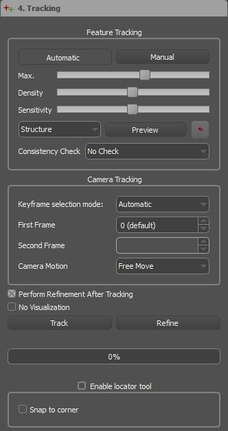 Fig. 12: Main menu Tracking The tracking process consists of the feature-tracking, the camera tracking and a subsequent improvement (refinement).