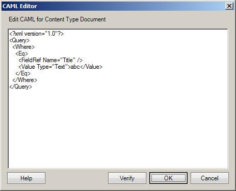 Configuring Archive Activities for Microsoft SharePoint 5. In the CAML Editor dialog box, as shown in Figure 13 on page 37, create the CAML query for the selected content type.