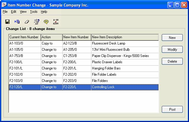 About Change List Entries The following window shows the Change by Example entries that have been added to the Change List: Item Number Change List showing eight (8) change items.