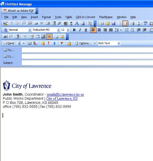 E-mail Signatures With embedded image City of Lawrence 3-inch horizontal citywide identity graphic (optional if sending e-mail with plain text formatting) Arial font, 12 pt.