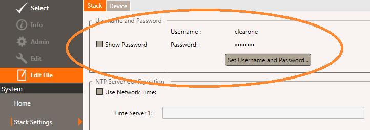 Navigating to the System>Stack Settings page provides an area where you can supply a custom Username and Password. The defaults are clearone and converge respectively.