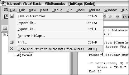 16 Part I: Introducing VBA Programming Figure 1-6: Use the taskbar to switch between the Visual Basic Editor window (shown) and the Access window (hidden).