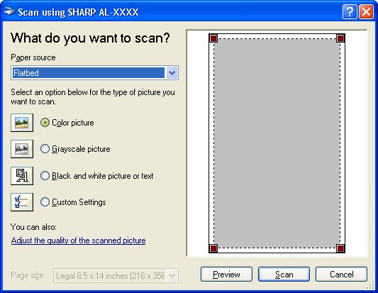 3 Scanning an Image from a WIA-Compliant Application (Windows XP) (part 2) 3 Select the paper source and picture type, and click the "Preview" button. The preview image will appear.