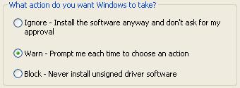 Click "Performance and Maintenance", and then click "System". On Windows 2000, double-click the "System" icon. Click the "Hardware" tab, and then click the "Driver Signing" button.