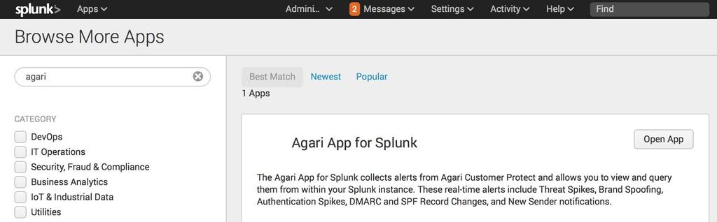 The Agari App for Splunk includes the following: A setup script that installs and configures the application A python-based data input script that retrieves data from the Agari REST API A reference