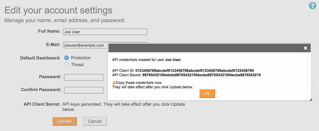 5. Be sure to hit the Update button after generating/recording API credentials to save the user s profile