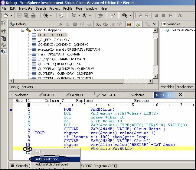 Page 116 of 165 Figure 51: Debug perspective, adding breakpoint Now that the program is active on the iseries and stopped at the first executable statement, the debugger displays the source.