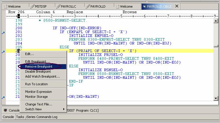 Page 127 of 165 Figure 62: Remove breakpoint Now you are ready to run the PAYROLLG program: 3. Click Run from the Debug toolbar. The program waits for input from the 5250-emulation session. 4.