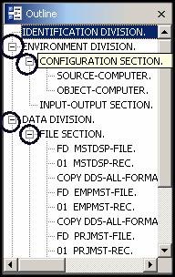 Page 34 of 165 Figure 15: Outline view with file and record format expanded Now you want to see more details of your source member. 1. Expand ENVIRONMENT DIVISION 2.