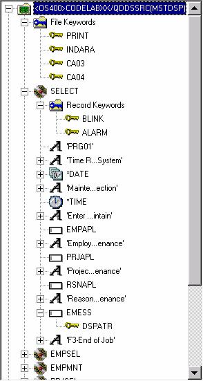 Page 87 of 165 The DDS Tree now shows you a summary of the file-level keywords and of the record SELECT.