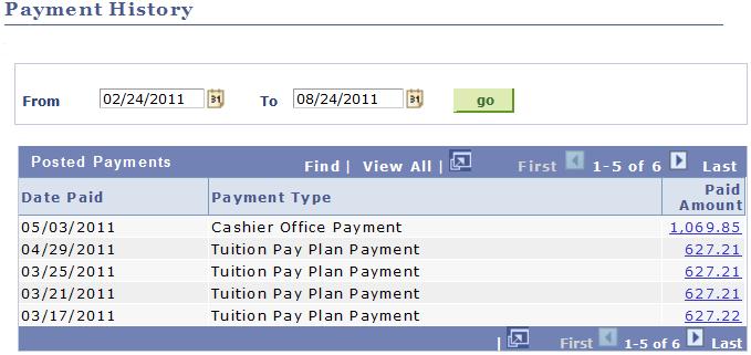 Q. How can I see details about all payments? Under the Account Inquiry tab, select the payments sub-tab to view the Payment History page. Note: Payments are listed reverse chronological order.