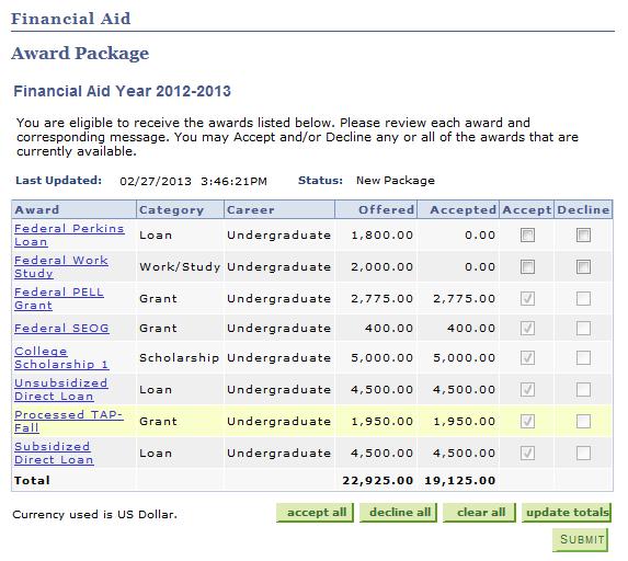 4. 5. On the Award Package page in the Award column, select the Federal Perkins Loan link.