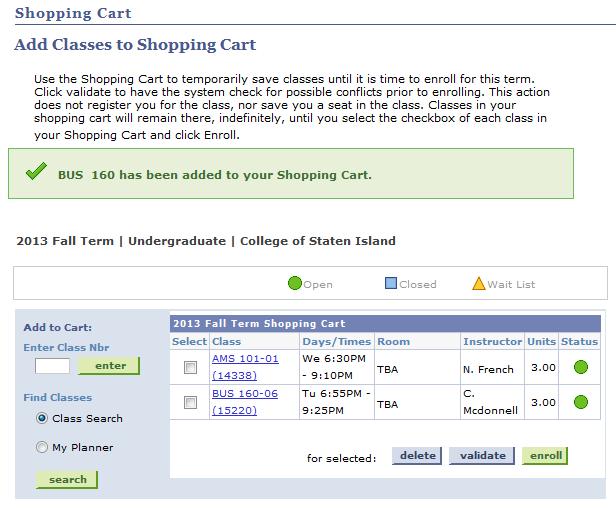 8. c. On the Add Classes to Shopping Cart page, a message displays to indicate that