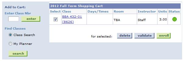 Prior to enrollment, select the checkbox of each class in your Shopping Cart to