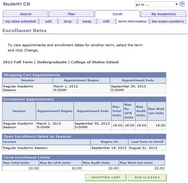 6. Back to Table of Contents View Shopping Cart and Enrollment Appointments for the selected term.