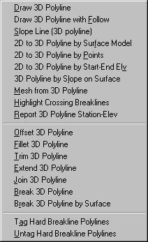 3D Polyline Commands 3D Polylines are used in surface modeling to represent breaklines which force interpolation along the segments of the polyline.