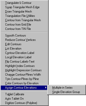 Contour Commands Shown below is the Contour menu. The commands in the top section allow you to create contours. The middle section commands annotate, smooth, and highlight index contours.