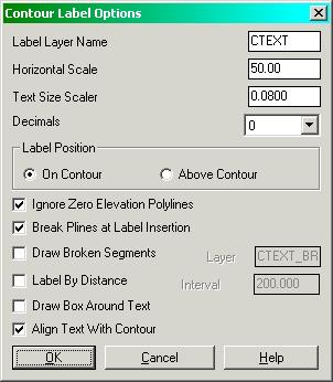Pick 2nd point: (pick point) Keyboard Command: gclabel Pull-Down Menu Location: Contour Prerequisite: polylines with elevation (contour polylines) File Name: \lsp\gclabel.