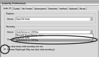 If you can not hear the audio when a track is being recorded, then go to the Preference Menu and ensure that in the Audio Device on USB Bus option, 1 you have Software Playthrough 2 selected and the