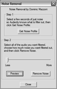 Select Noise Removal from the Effect drop down menu at the top of the screen to bring up the Noise Removal window (Figure 5). Click Get Noise Profile.