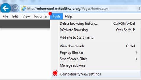 Add the 3 Intermountain domains to the Compatibility View settings in Internet Explorer 9 11 Doing this avoids the majority of HELP2 browser errors & issues Accessing Compatibility View