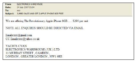 This spammer claims to have top branded electronics goods including the Apple iphone available from their UK warehouse at well below the recommended retail price.