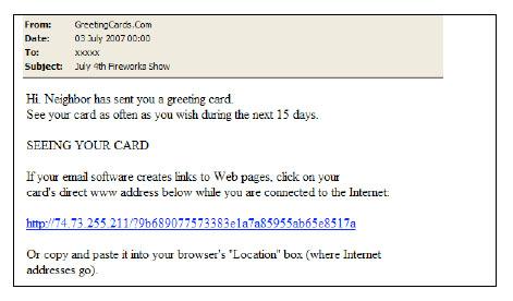 Greeting Card Spam Remains Spammers Favorite Greeting card spam containing links to viruses is not particularly new.