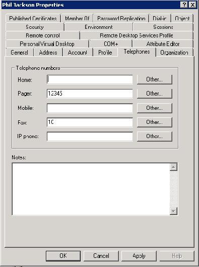 Figure 2.1 shows an example Properties dialog for the user 'Phil Jackson' where the Site Code has been written into the 'Fax' field and the Card Number has been written into the 'Pager' field.