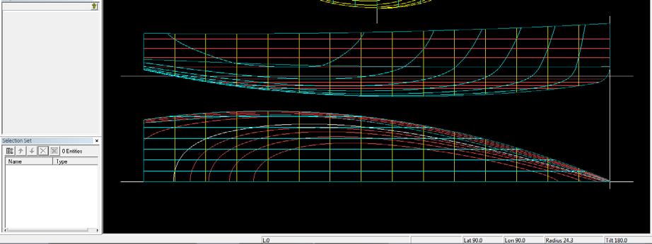 Ship Lines view of sy15_vanish_chine2.ms2 Curvature Profile One problem remains. The 3 forward mcs for topside and bottom are smoothly linked due to the alignement of corresponding cps.
