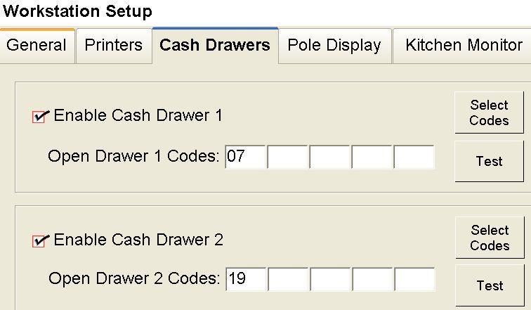 17. If a cash drawer is connected to the receipt printer, click the Cash Drawers tab. 18. Click Enable Cash Drawer 1 and enter the number 07 into the first box.