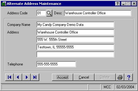 36 lternate ddress Maintenance With the lternate ddress Maintenance window, you have the flexibility to define alternate addresses for your company.