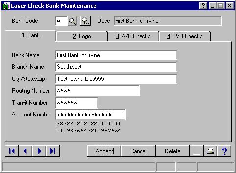 40 efine ank ettings for Laser hecks he ank ab proves the flexibility to define the bank name, branch name with address location, routing number, transit number, and account number to appear on a