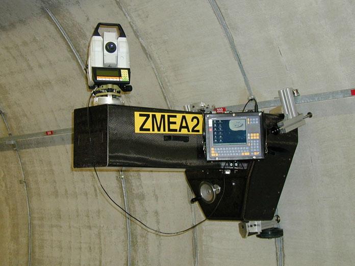 By using a sufficient number of neighbouring reference points on the tunnel wall a free station can be calculated for the surveying instrument on the car.