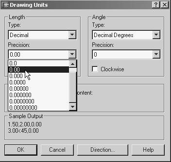 In the pull-down menus, select: [Assist] [Format] [Units] [Units] 2. In the Drawing Units dialog box, set the Length Type to Decimal.
